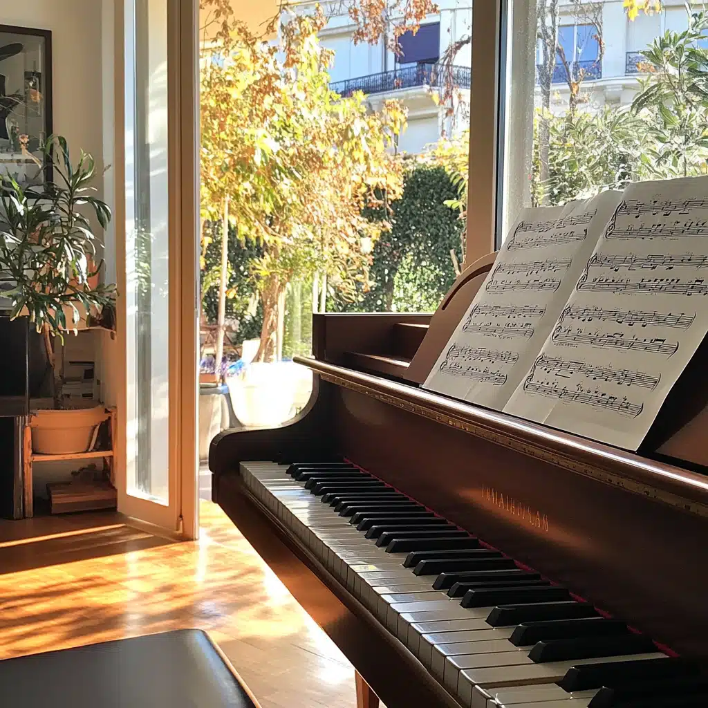 Un piano droit avec une partition ouverte, baigné par la lumière naturelle dans une pièce lumineuse avec une vue sur un jardin, parfait pour des cours de piano à Nice.