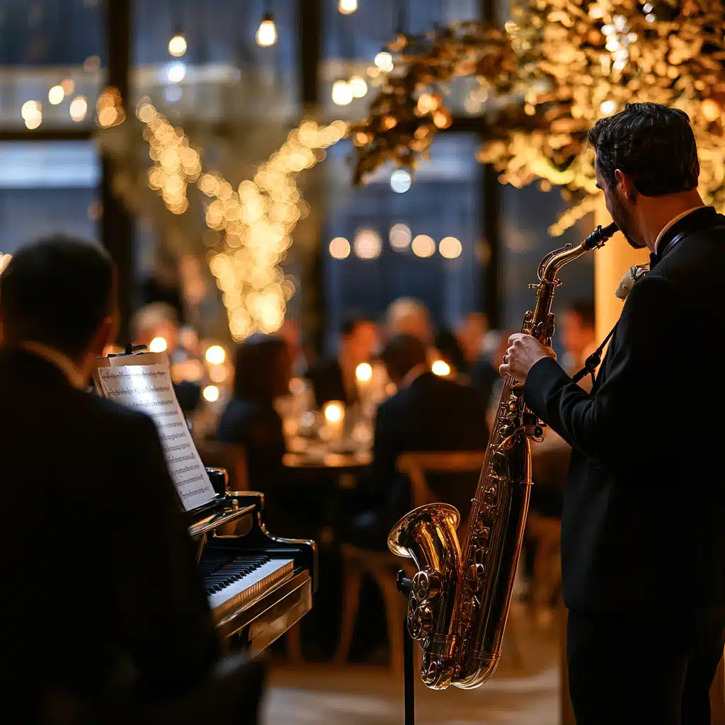 Un orchestre de jazz avec un saxophoniste et un pianiste jouant dans un cadre élégant, éclairé par des lumières chaleureuses pendant un événement privé.